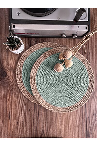 Genel Markalar Bordürlü Mint Su Yeşili Jüt Amerikan Servis 6'lı Örme Hasır Supla
