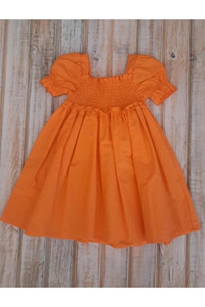 BÜŞRA ,kare Yaka Cotton Turuncu Kız Çocuk Elbise