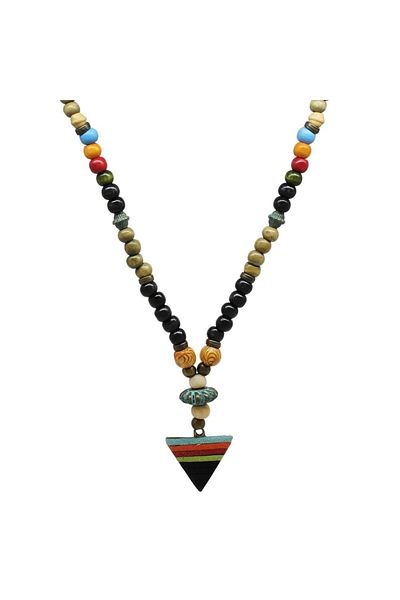 Tesbihane Handmade Ethnic Wooden Combination Black Color Transitional Spear Pendant Authentic Necklace