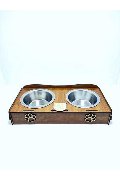 EMSE Double Wooden Steel Paw Patterned Food Bowl