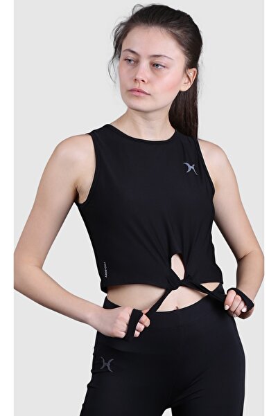 HALVMAN Women's Crop Athlete Undershirt Black with Belly Tie Hlv1338