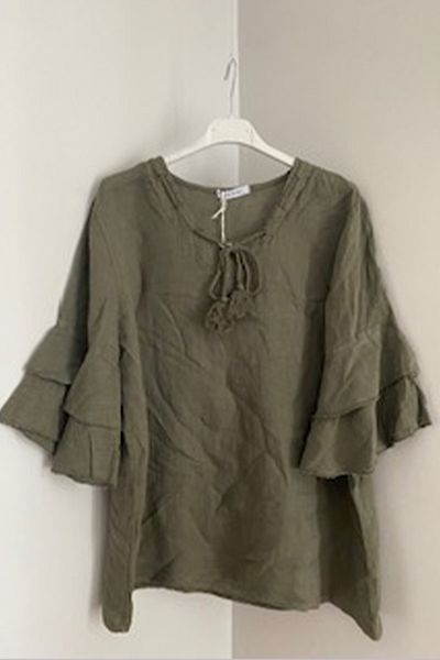 AYASOFYA OTANTIK Women's Italian Khaki Tasseled V-Neck Ruffled Spanish Three-quarter Sleeve Blouse