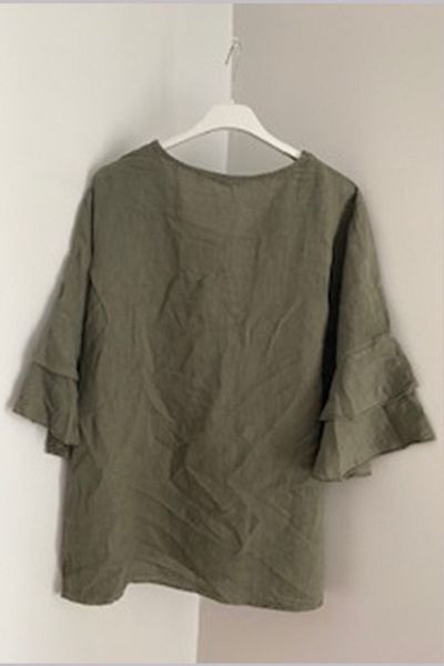 AYASOFYA OTANTIK Women's Italian Khaki Tasseled V-Neck Ruffled Spanish Three-quarter Sleeve Blouse