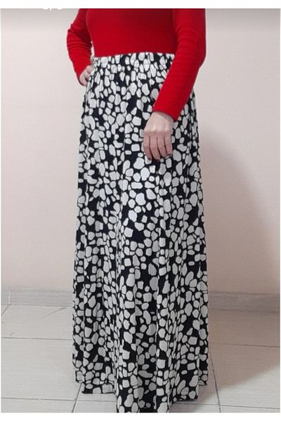 Mertcan Butik Fustă neagră din 6 piese din bumbac pieptănat, din viscoză, cu model ecru, cu talie elastică