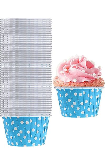 Mini Parti Mini Party Store 50 Pack Light Blue Colored Polka Dot Paper Muffin Cake Capsules