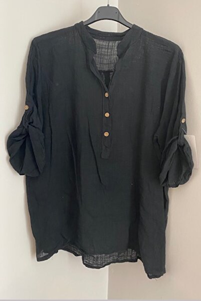 AYASOFYA OTANTIK بلوزة نسائية إيطالية ذات أزرار سوداء وياقة مطرزة 100% قطن