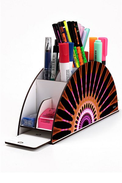 kutuTR Wooden Vip Space Series Rainbow Ruled Desktop Pen Holder Organizer with Assembled Box