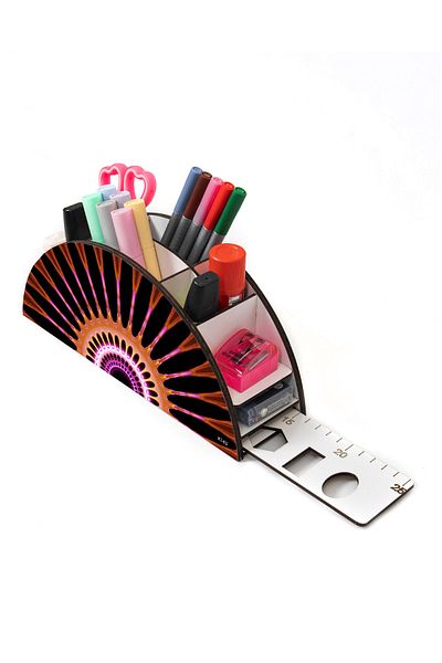 kutuTR Wooden Vip Space Series Rainbow Ruled Desktop Pen Holder Organizer with Assembled Box