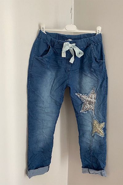AYASOFYA OTANTIK Women's Italian Light Blue Star Sequined Patched Denim Jean Trousers
