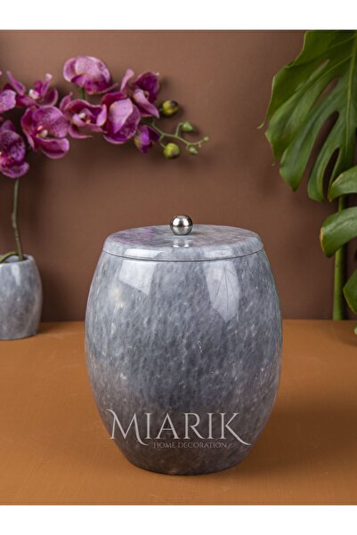 MIARIK DESIGN & DEKORASYON Dekoratif Gri Mermer Oval Çöp Kovası Krıstal Detaylı