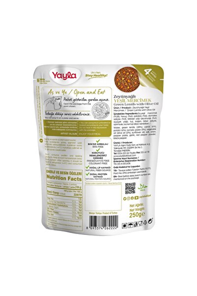 Yayla Yemek Hazır Zeytinyağlı Yeşil Mercimek 250 gr