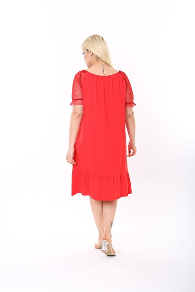 XL Modam Xlmodam Women's Large Size Red Lycra Viscose Madonna Model Sleeve Tulle Detailed Dress