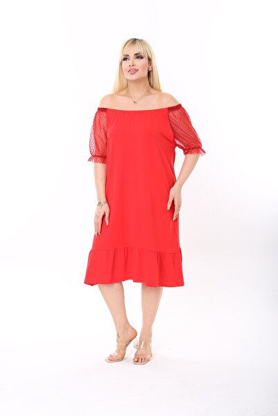 XL Modam Xlmodam Women's Large Size Red Lycra Viscose Madonna Model Sleeve Tulle Detailed Dress