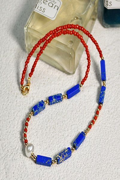 Nelleovana Lapis Lazuli + Red Agate + Pearl Natural Stone Necklace