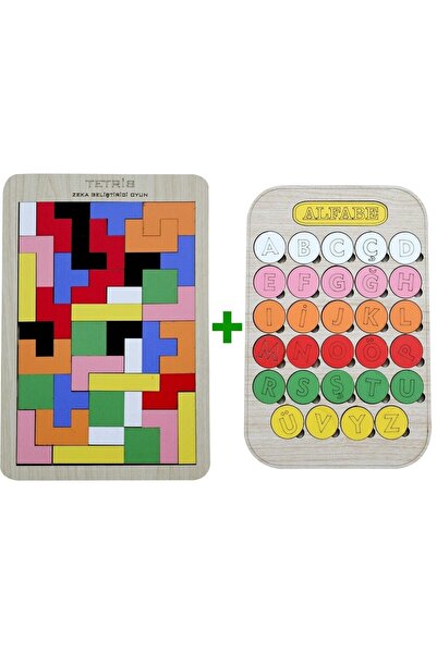 MartinaCole Eğitici Renkli Geliştirici Ahşap Bultak Tetris Ve Renkli Alfabe Seti 2'li Ürün