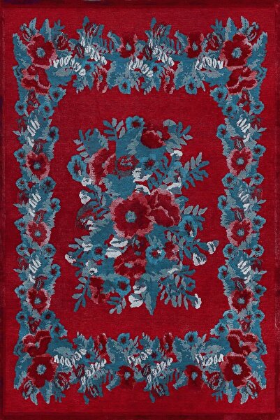 Rugs Modern Halı Карабаг Червено-синьо килимче с флорални мотиви, декоративно...