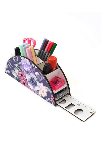 kutuTR Wooden Vip Flower Series Rainbow Ruled Desktop Pen Holder Organizer Assembled Boxed