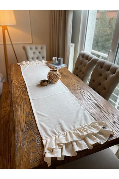 Decamor home Velvet Textured Double Layer Ruffle Long Decorative Ecru Runner