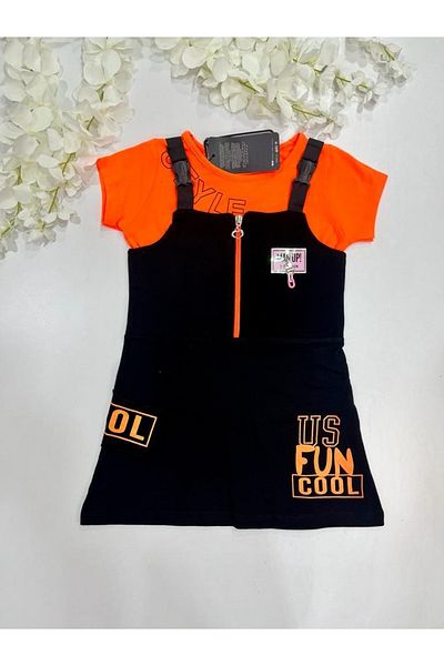 Esterella Rochie pentru fetiță/ Fermoar/ Culoare neon cu body/ Costum gilet imprimat