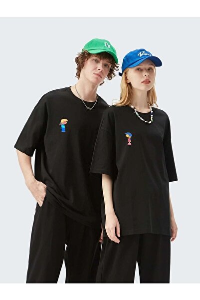 Genel Markalar Siyah Unisex Ikili Ateş Ve Su Baskılı Sevgili Çift Bisiklet Yaka Oversize T-shirt