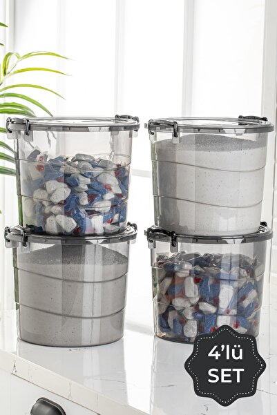 Vienev Mega Size 4-Piece Round Handle Detergent Storage Box Container - Flour Container 7 Liters Anthracite
