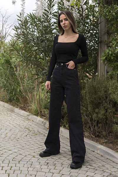 Trn JNS Cesy Lycra pentru femei, negri, cu talie super înaltă, pantaloni largi, blugi din denim
