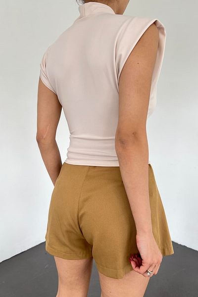 lovebox Women's Flexible Fabric V-Neck Low-cut Chain Detailed Beige Blouse 5026