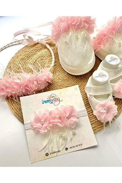 irembaby Anne Bebek Lohusa Seti Beyaz Çiçekli Incili Lohusa Tacı Terliği Bebe...