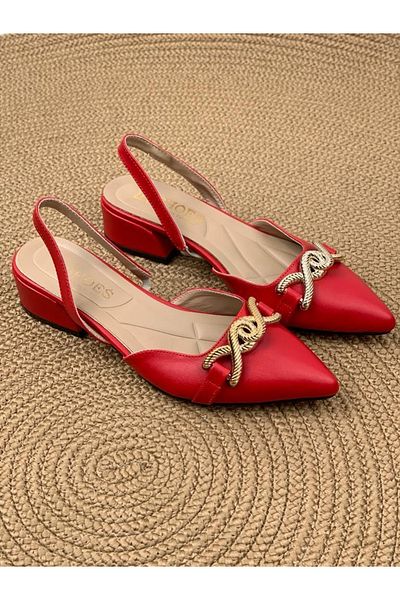 Difolia Beret Red Buckle Pointed Toe Sandals Slippers Low Heel
