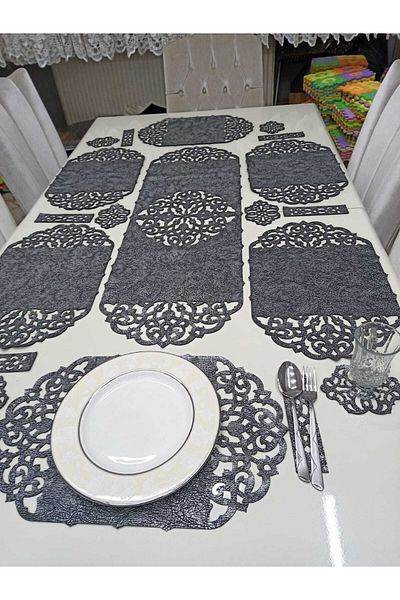 SEHARA Food Presentation Set/19 Pieces/6 Persons/faux Leather/1 Runner/6 Serving/6 Napkin Holders/6 Coasters/Anthracite Gray