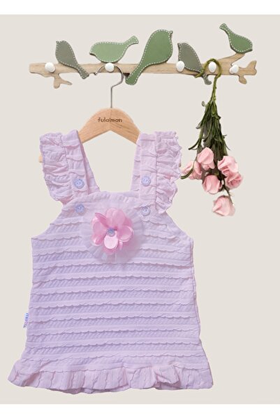 inci wear Çiçek Detaylı Fırfırlı Etekli Yazlık Kız Bebek Elbisesi - Yumuşak Kumaş Pembe Renk