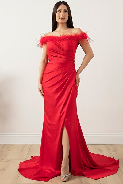 PULLIMM Satin Crepe Collar Feather Slit Dress 13414