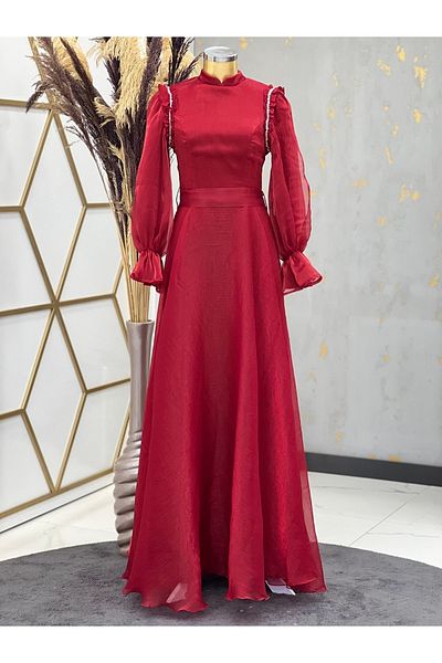 Surikka Shoulder Stoned Sema Hijab Evening Dress Red