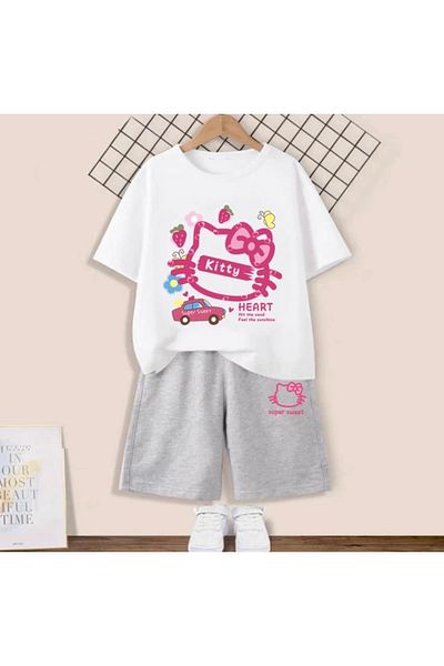 KİDS FACE Hello Kitty Printed Cotton Baby Girl-Child T-shirt Bermuda Shorts Set