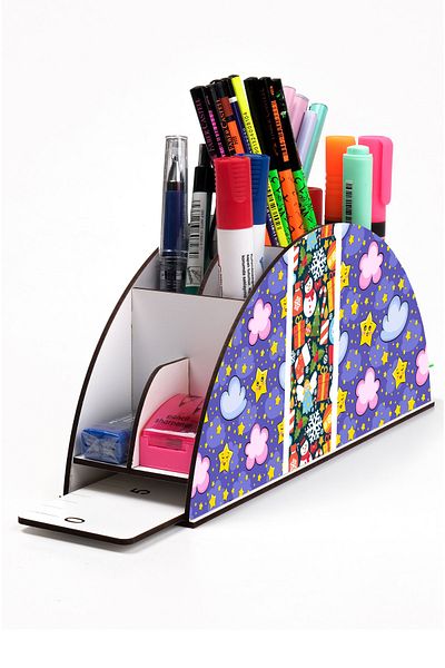 kutuTR Wooden Vip Pattern Series Rainbow Ruled Desktop Pen Holder Organizer Assembled Boxed