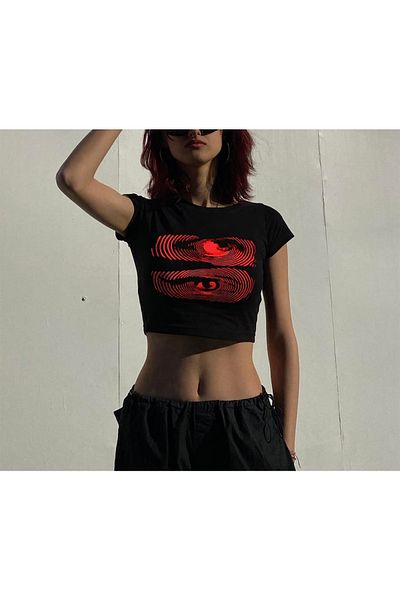 Touz Eylm Hypnosis Eyes Printed Black Crop