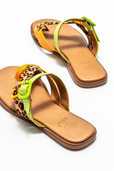 Elle Shoes Turuncu Deri Kadın Düz Parmak Arası Terlik