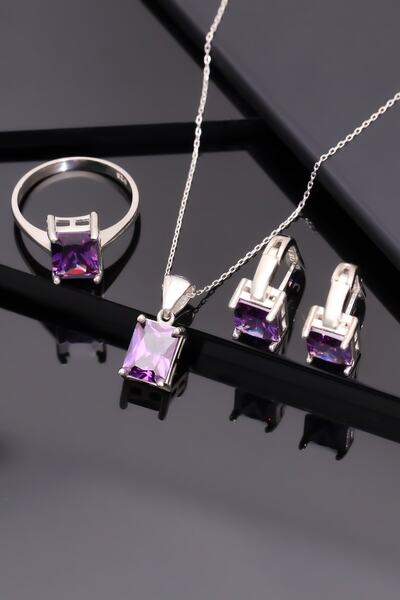 Miavi Silver 925 Ayar Gümüş Ametist Baget Taşlı Kolye Küpe Yüzük Takı Seti