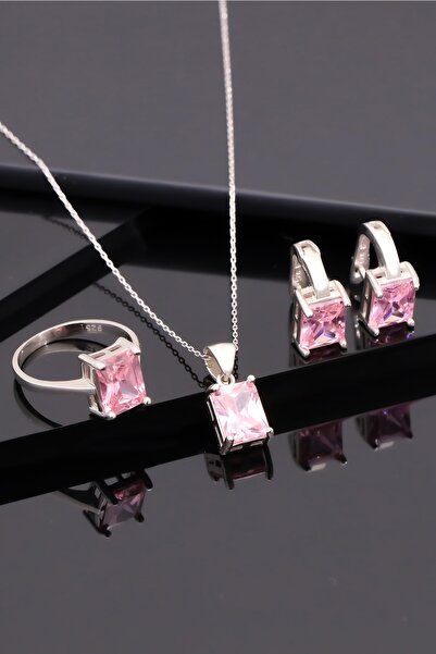 Miavi Silver 925 Ayar Gümüş Pembe Baget Taşlı Kolye Küpe Yüzük Takı Seti