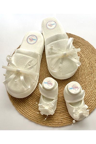 irembaby طقم الأمومة للأم والطفل باللون الأبيض مع أحذية أطفال بتصميم خاص من اللؤلؤ