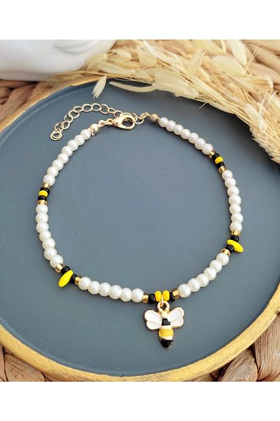 HALHALMILL Women's Enameled Bee Dangle Pearl Anklet