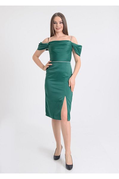 SpringStore Rochie de Seara din Satin Guler Emerald Degaje