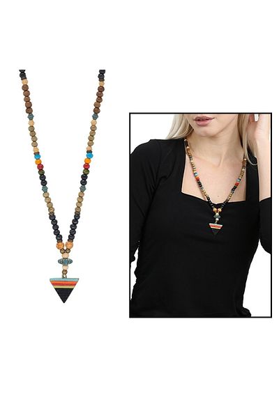 Tesbihane Handmade Ethnic Wooden Combination Black Color Transitional Spear Pendant Authentic Necklace