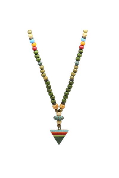 Tesbihane Handmade Ethnic Wooden Combination Green Color Transitional Spear Pendant Authentic Necklace
