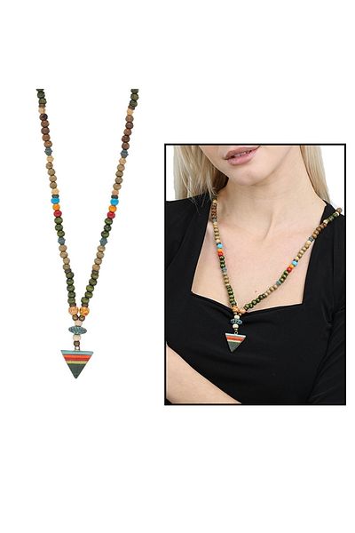Tesbihane Handmade Ethnic Wooden Combination Green Color Transitional Spear Pendant Authentic Necklace