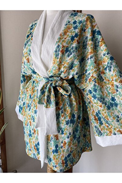 ki-nua studio Krinkıl Kumaş Renkli Çiçekli Kimono Tokalı Set