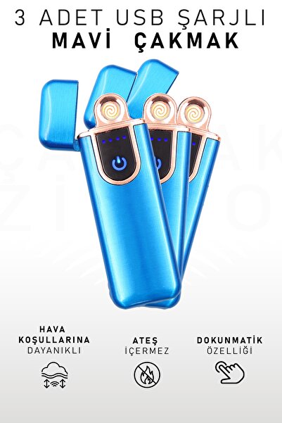İkon store 3 Adet Çift Taraflı Elektrikli Usb Şarjlı Mavi Çakmak