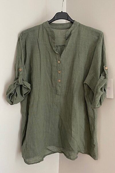 AYASOFYA OTANTIK Γυναικεία Ιταλική Μπλούζα με Κουμπιά Χακί και Λεπτομερή Γιακά