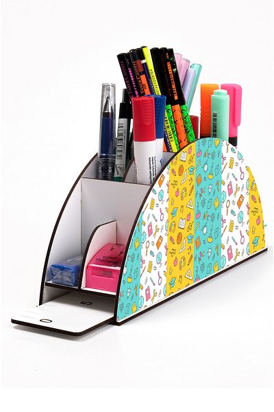 kutuTR Wooden Vip Student Series Rainbow Ruled Desktop Pen Holder Organizer for Kids Assembled Boxed