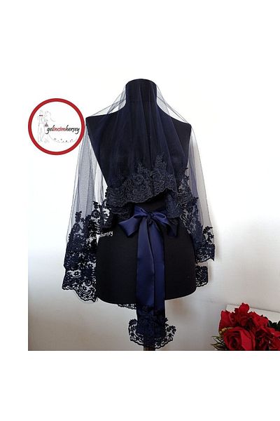 Gelincimherşey Navy Blue Lace Bridal Veil Gloves Sash Complete Set